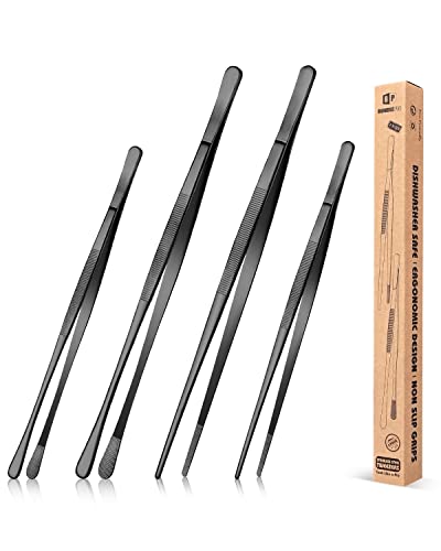 4 Stück feine Pinzettenzangen, 12'' und 10'' Edelstahl Pinzetten Set, Professionelle schwarze lange Pinzette für Kochen, Reparieren, Meeresfrüchte und BBQ von BUNDLEPRO