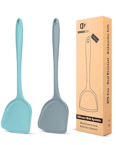 BUNDLEPRO 2 Stück Silikon-Wok-Spatel, antihaftbeschichtet, hitzebeständig, leicht zu reinigen und spülmaschinenfest, nahtlose Küchenhelfer zum Kochen, Backen, Braten, Wenden, Servieren von BUNDLEPRO