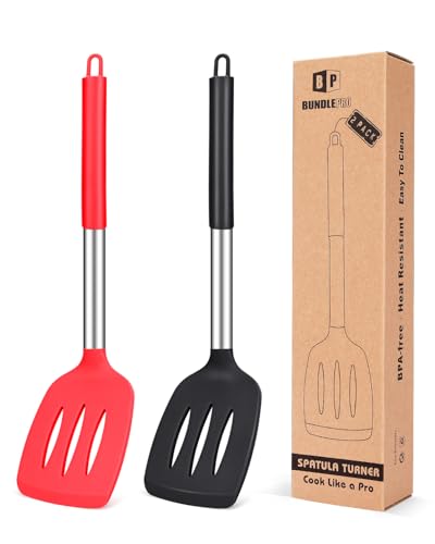 BUNDLEPRO 2er Set Silikon Pfannenwender, Hoch Hitzebeständigem Antihaft Küchen Turner, BPA-freie Geschlitzten Spateln für Fisch,Eier,Pfannkuchen von BUNDLEPRO