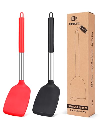 2er Set Silikon Pfannenwender, Hoch Hitzebeständigem Antihaft Küchen Turner, BPA-freie Spateln für Fisch,Eier,Pfannkuchen von BUNDLEPRO
