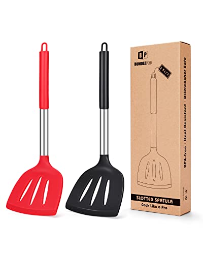 2er Set Silikon Spateln, Antihaft Küchen Turner, Hoch Hitzebeständigem BPA-freie Kochen, Geschlitzten Spateln, Idealem Kochgeschirr für Fisch Eier Pfannkuchen (Großer Schlitzspatel Schwarz Rot) von BUNDLEPRO