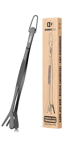 Doppelspitze Kochpinzette, doppelendige 2-in-1-Profi-Edelstahl-Küchenpinzette zum Kochen, Reparieren, Meeresfrüchte, Grillen, Dekorieren, Tierfüttern (20.5 CM, SCHWARZ) von BUNDLEPRO