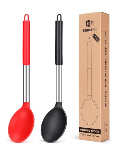 Großer Silikon-Kochlöffel Set mit 2 Antihaft-Massivlöffeln Hitzebeständige Küchenutensilien zum Mischen Rühren Servieren (schwarz-rot) von BUNDLEPRO