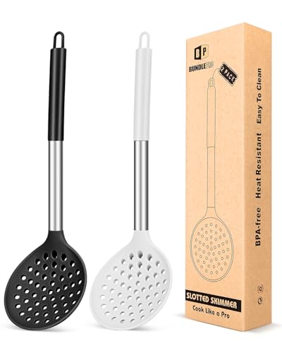 Küchenkelle, Sieb, Set mit 2 großen Schlitzlöffeln mit hoher Hitzebeständigkeit, BPA-frei, antihaftbeschichtet, Kochabschäumer zum Abtropfen und Braten (schwarz-weiß) von BUNDLEPRO