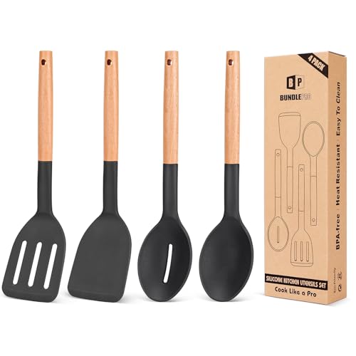 Pack von 4 Silikon Kochgeschirr Set, Antihaft feste Spatel und hitzebeständige geschlitzte Löffel mit Holzgriff, Ideal Holz Küchengeschirr Set zum Braten, Servieren, Drehen, Rühren(Schwarz) von BUNDLEPRO
