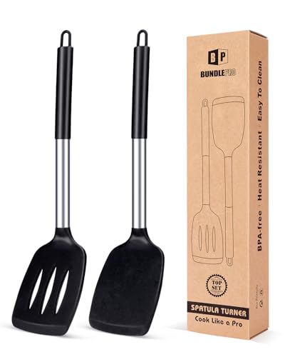 Pfannenwender aus Silikon, robust, antihaftbeschichtet, geschlitzt, hitzebeständig, BPA-frei, ideales Kochgeschirr für Fisch, Eier, Pfannkuchen, schwarz, 2 Stück von BUNDLEPRO