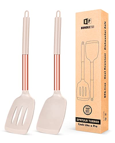 Pfannenwender aus Silikon, mit Antihaft-Schlitzen, hitzebeständig, BPA-frei, ideales Kochgeschirr für Fisch, Eier, Pfannkuchen, Set mit 2 Stück (Roségold-Khaki) von BUNDLEPRO