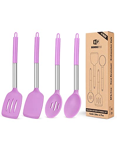 Silikon-Kochutensilien-Set, antihaftbeschichtet, groß, massiv, hitzebeständig, violett, Schlitzlöffel, ideal BPA-frei, Küchenwender zum Braten, Mischen, Servieren, Abtropfen, Wenden, Rühren, 4 Stück von BUNDLEPRO