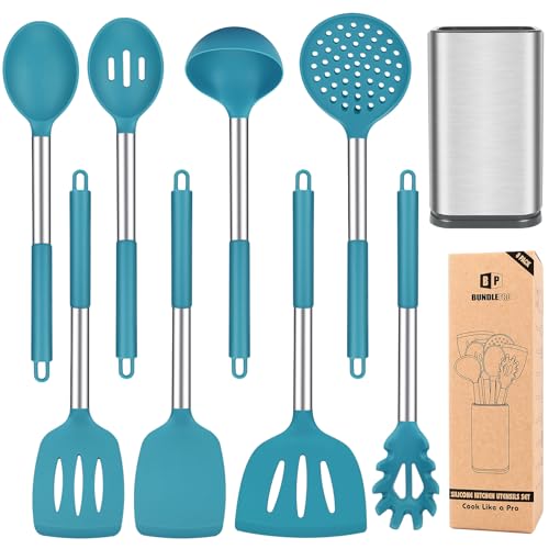 Silikon-Kochutensilien-Set mit Halter, 8-teiliges Antihaft-Kochgeschirr mit Edelstahlgriff, BPA-freie hitzebeständige Küchengeräte mit Spateln, Drehern, Löffeln, Abschäumer und Nudelgabel (BLAU) von BUNDLEPRO
