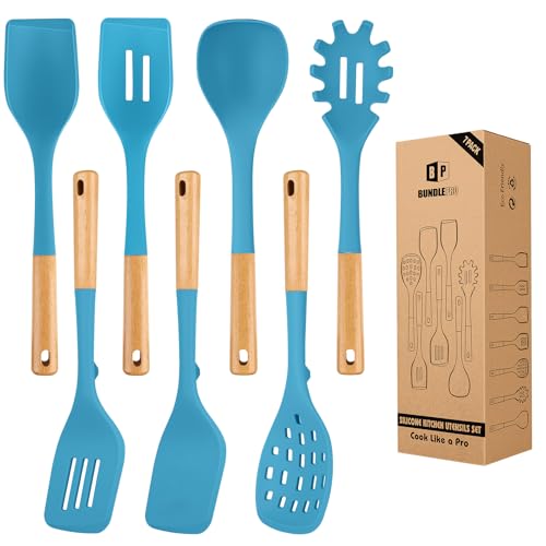 Silikon Küchenutensilien Set für Nichtklebriges Kochgeschirr, 7 Stück hitzebeständiges Kochgeschirr mit Holzgriff, BPA-freie Küchengeräte mit Spateln, Löffeln, Skimmer und Pasta Gabel (Blau) von BUNDLEPRO