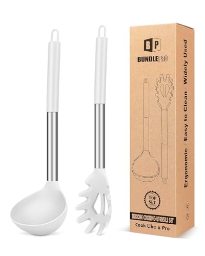 Silikon-Nudelgabel und Schöpflöffel-Set, groß, antihaftbeschichtet, Küchenutensilien zum Kochen, Rühren, Servieren von Spaghetti, Suppe, Soße, Weiß Silikon-Nudelgabel und Schöpflöffel-Set, groß, antihaftbeschichtet, Küchenutensilien zum Kochen, Rühren, Servieren von Spaghetti, Suppe, Soße, Weiß von BUNDLEPRO