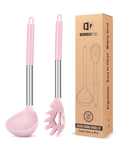 Silikon-Nudelgabel und Schöpflöffel-Set, groß, antihaftbeschichtet, Küchenutensilien zum Kochen, Rühren, Servieren von Spaghetti, Suppe, Soße (Rosa) von BUNDLEPRO