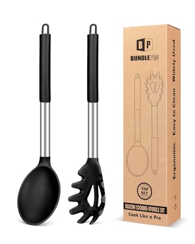 Silikon Pasta Gabel und Kochlöffel Set, Antihaft Küchenutensilien zum Kochen, Rühren, Servieren Spaghetti, Suppe, Sauce (SCHWARZ) von BUNDLEPRO