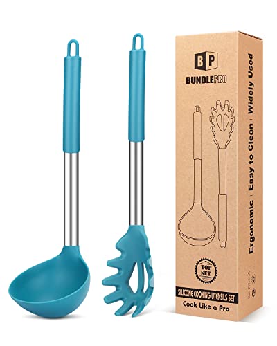 Silikon Pasta Gabel und Pfanne Löffel Set, große Antihaft Küchenutensilien zum Kochen, Rühren, Servieren Spaghetti, Suppe, Sauce von BUNDLEPRO