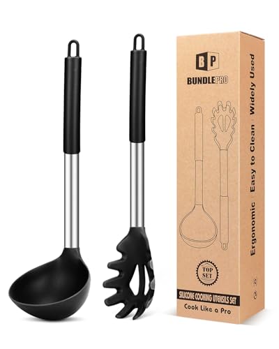 Silikon Pasta Gabel und Pfanne Löffel Set, große Antihaft Küchenutensilien zum Kochen, Rühren, Servieren Spaghetti, Suppe, Sauce von BUNDLEPRO