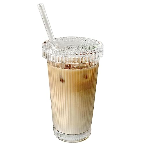BUNIQ Gerippte Glasbecher | Eiskaffeegläser mit Deckel und Strohhalmen - Tragbare 375 ml Eiskaffee-Trinkbecher aus Glas für Kaffee, Coocktail, Tee, Wasser, Bier, Limonade von BUNIQ