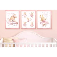 Kinderbild 3Er Set A4 Ballettdrucke Fürs Kinderzimmer, Mädchenzimmer Dekor, Rosa Hasen Ballerinas von BUNTINGANDBEAU
