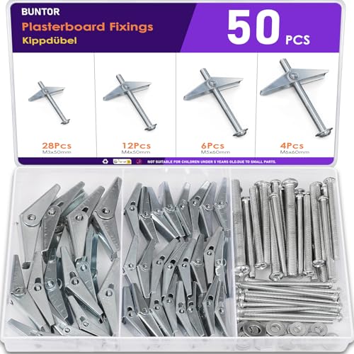 BUNTOR 50 Stück Kippdübel, 4 Größen Klappdübel, M3/M4/M5/M6 Federklappdübel, Verzinktem Kohlenstoffstahl Spreizdübel, Hohlraumdübel Metall Set für Gipskarton und Hohlraumwände von BUNTOR