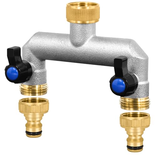 BUOAZR 2-Wege Wasserhahn Wasserverteiler, 3/4 Zoll Messing Wasseranschluss Verteiler mit Individuellem Absperrhähnen, 2er Adapter 3/4" Adapter für Geräte/Gartenschläuche von BUOAZR