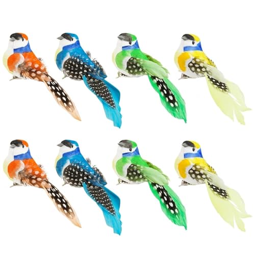 BUOSHUO 8 Stück Künstliche Vögel Deko,Deko Vögel mit Clip,Feder Vogel Modell,Geeignet für Ostern,Garten,Party,Hochzeit Handwerk Dekorationen (Farbig) von BUOSHUO