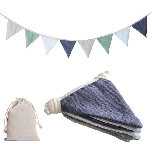 BURGEON Wimpelkette Kinderzimmer, Stoff Wimpelkette mit Jutesäckchen, Babyzimmer deko Mädchen & Jungen, Musselin Baumwolle Wimpelkette für Hausbett, Babybett, Wanddeko Geschenk, Blau von BURGEON