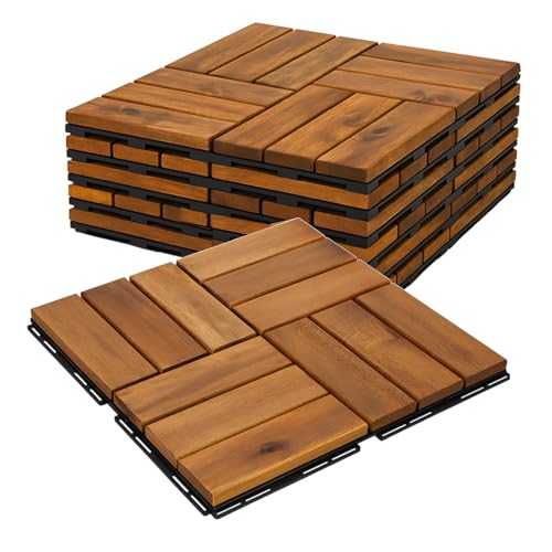 3m² Holzfliesen Terrassenfliesen Holz Fliesen Mosaik 30x30 cm - 33 STK Balkonfliesen wetterfest aus Akazienholz mit Klicksystem für Terrasse Balkon Stecksystem von BURI