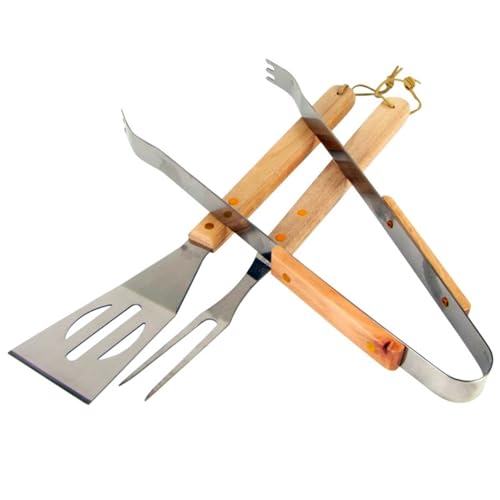 BURI BBQ Grillbesteck 3 TLG. Edelstahl Holzgriff Besteck Grillen Zange Wender Gabel von BURI