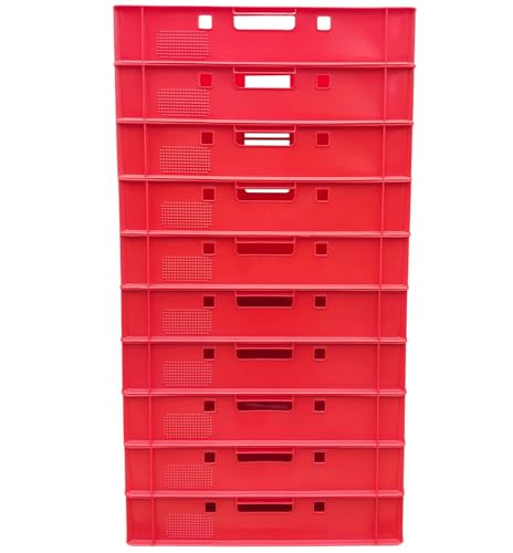 BURI 10 Stück Eurobox 60x40 cm -made in Germany- Stapelboxen E1 stapelbare Aufbewahrungsboxen flach lebensmittelecht Boxen Aufbewahrung Sortierbox Box stapelbar Fleischkiste Ordnungsboxen (rot) von BURI