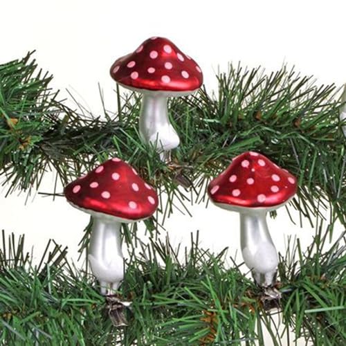 BURI 3er Set 8cm Pilz aus Glas mit Clip Weihnachtsbaum Deko Christmas Decorations Christbaumschmuck Adventskranz basteln Glaspilz Weihnachtsdeko Dekopilz Winterdeko Herbstdeko rot weiß mit Glitzer von BURI