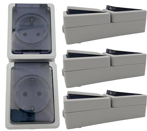 4 Stück 2-Fach Steckdose IP44 mit Klappdeckel 230V Aufputz - Feuchtraumsteckdose Doppelsteckdose für Feuchträume und Außenbereich Grau (Vertikal) 4 Stück 2-Fach Steckdose IP44 mit Klappdeckel 230V Aufputz - Feuchtraumsteckdose Doppelsteckdose für Feuchträume und Außenbereich Grau (Vertikal) von BURI