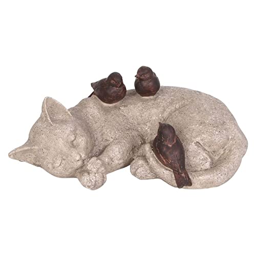 BURI Deko Gartenfigur Katze schlafend 31x12x20cm mit 3 Vögeln Dekofigur Gartenfigur Gartendeko Figur Katze Garten in grau braun Steinoptik Figur Deko Statue Skulptur von BURI