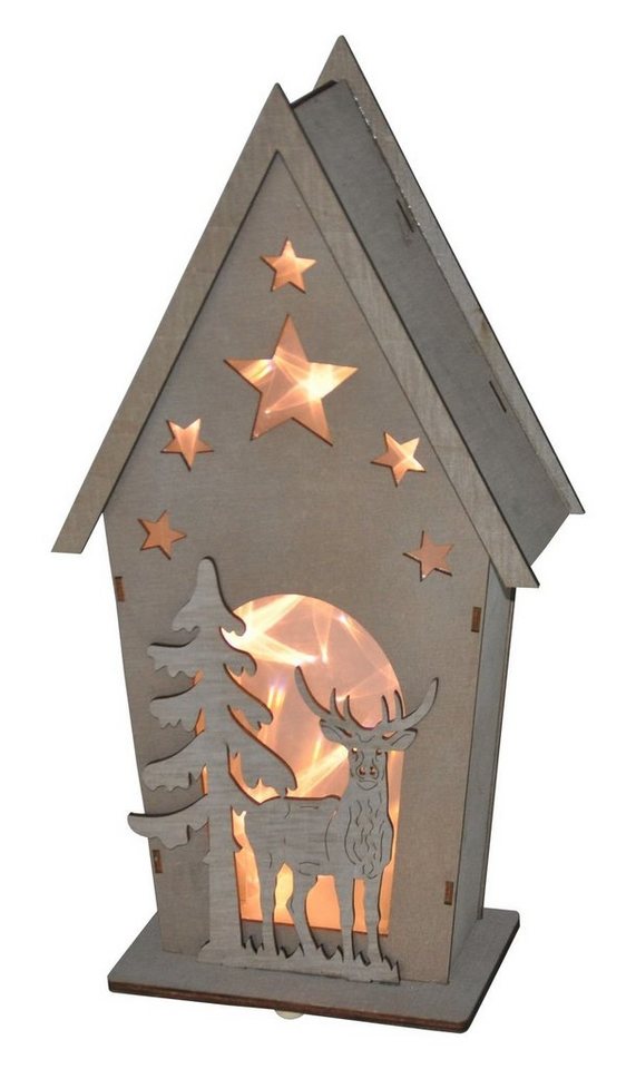 BURI Dekofigur LED Deko-Holz-Häuschen mit Hirsch und Tanne Weihnachtsdeko Fensterdeko von BURI