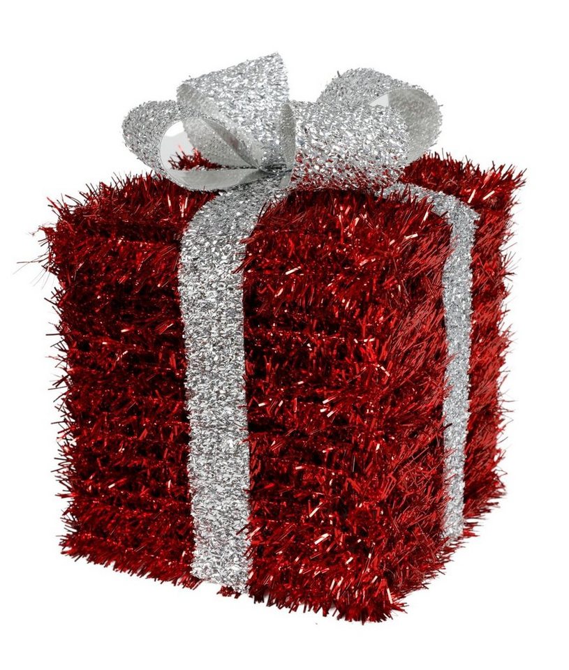 BURI Dekofigur Lametta Weihnachtsgeschenk rot 16cm mit Schleife Weihnachtsdeko Gesche von BURI