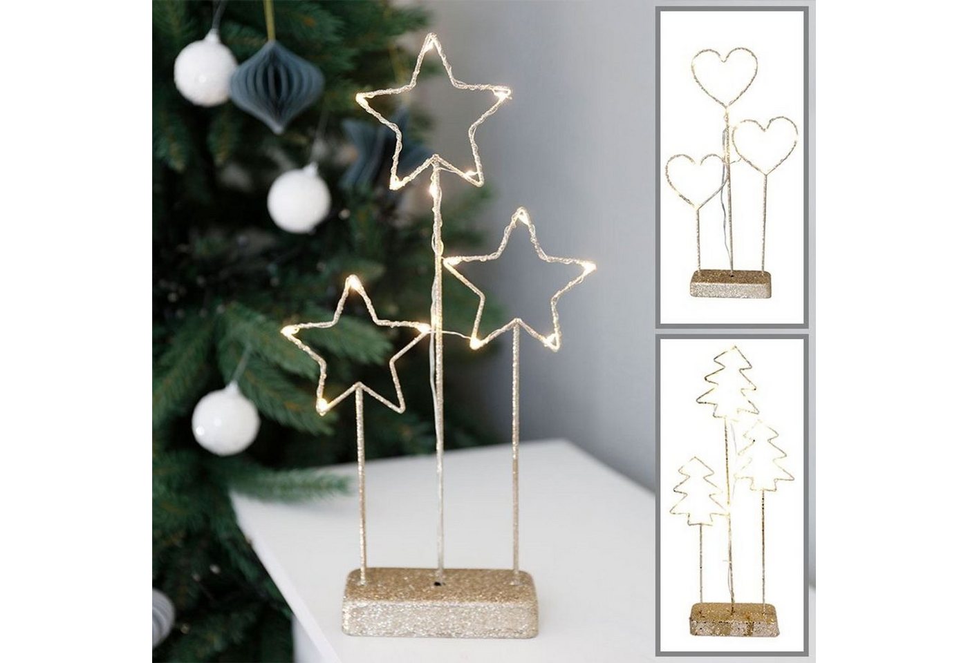 BURI Dekofigur Weihnachtliche LED-Drahtdeko mit 15 warmweißen Lichtern Gold/Glitzer von BURI