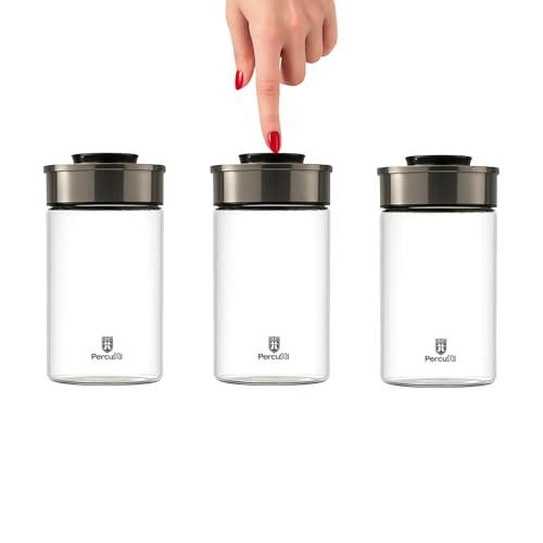 BURI Einmachglas Vorratsglas Vakuumglas 3er Set 1300ml | Vorratsdosen Glas mit Edelstahl Deckel & Vakuum Klick-Mechanismus | Luftdicht mottensicher stapelbar spülmaschinenfest auslaufsicher von BURI