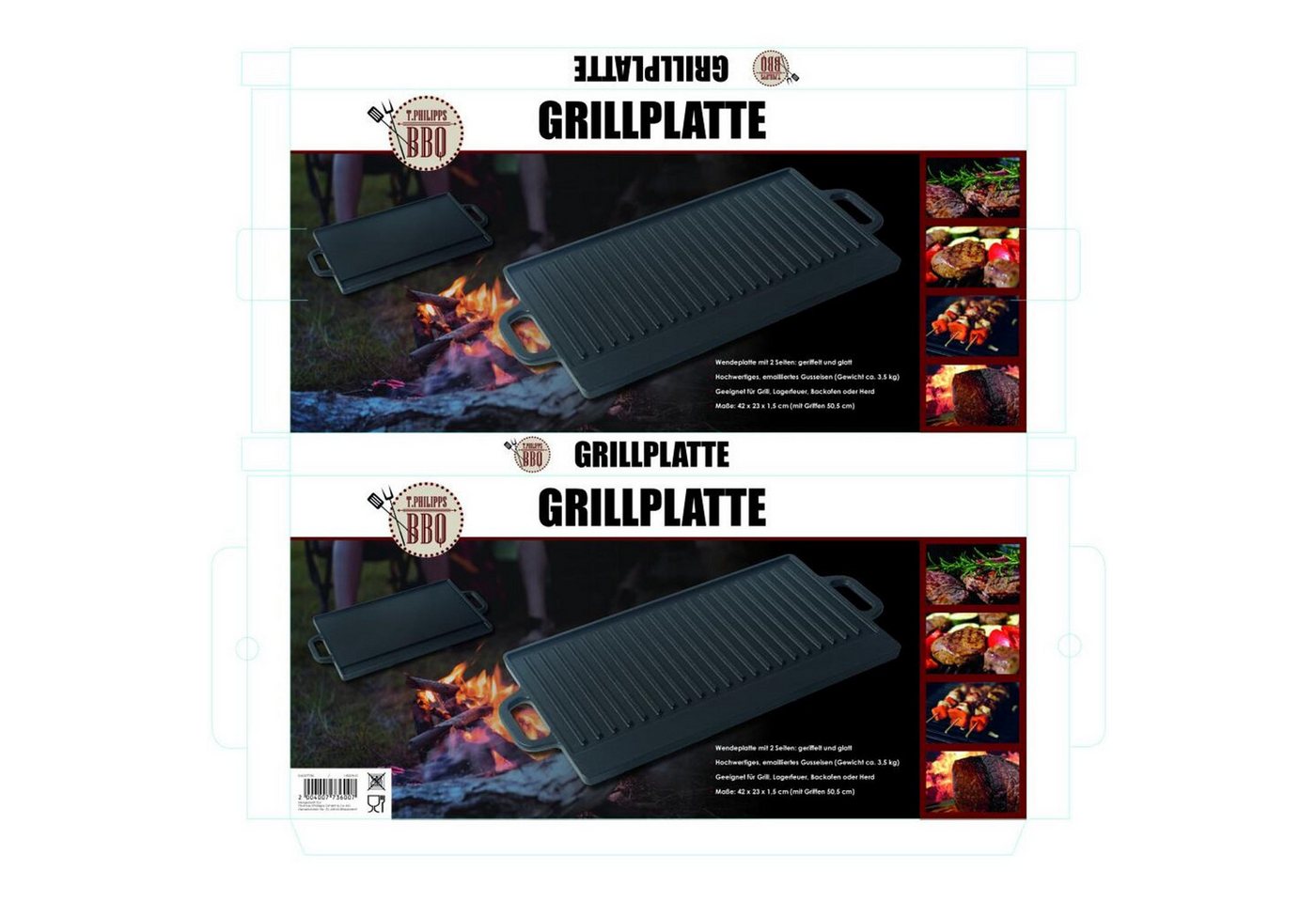 BURI Grillrost 2x Grillplatte aus Gusseisen Wendeplatte Grillpfanne 50x23,5x1,5cm  von BURI