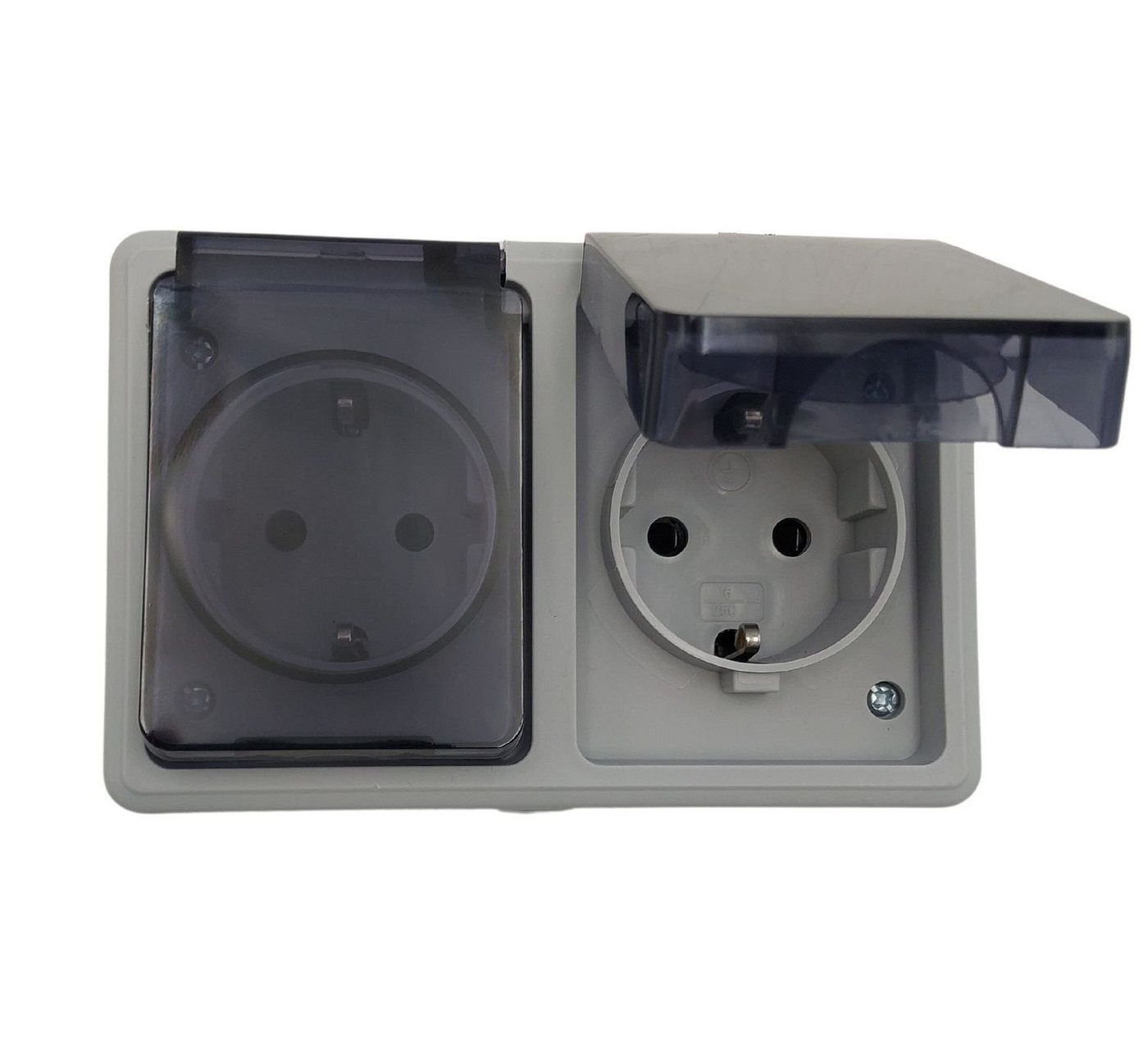 BURI Steckdose 2 Fach Steckdose Klapp-Deckel Doppelsteckdose IP44 Aufputz grau von BURI