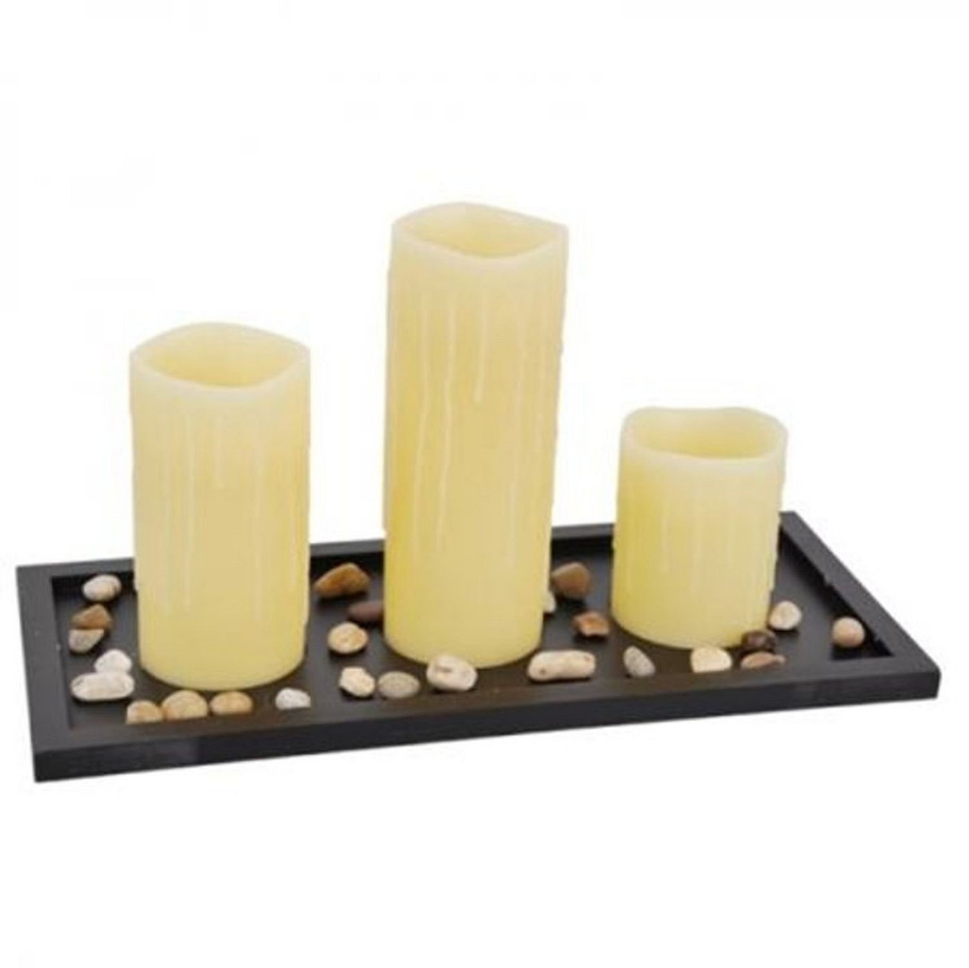 BURI Kugelleuchte LED-Kerzen 3er-Set auf Tablett mit Dekosteine Wachskerzen Stumpenkerze von BURI