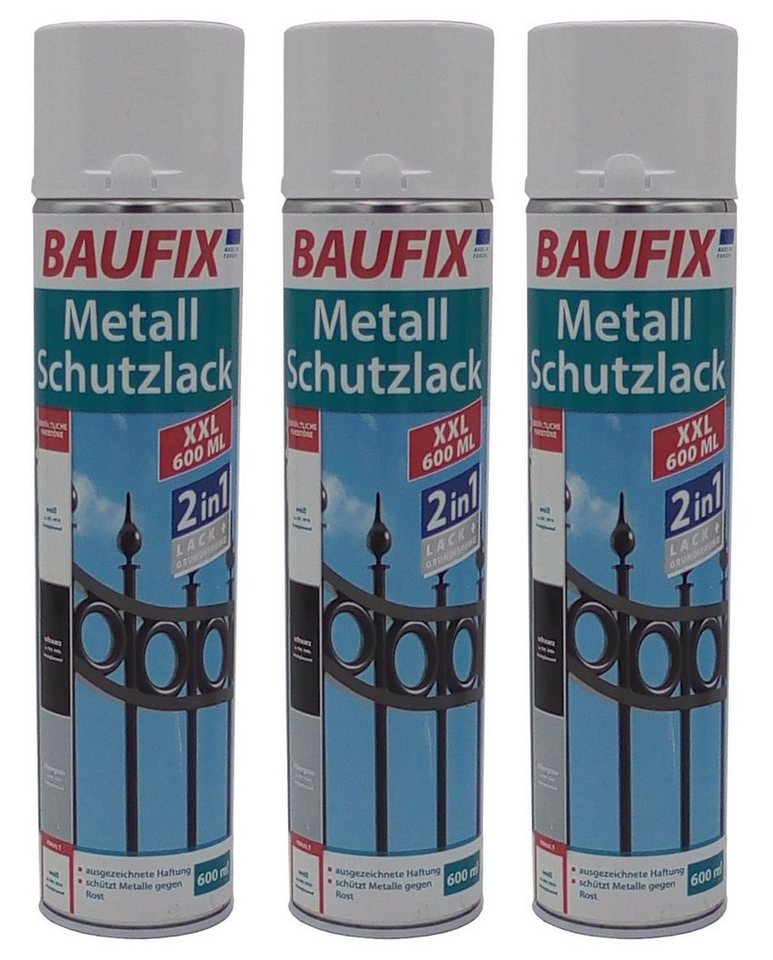 BURI Vollton- und Abtönfarbe 3x Baufix 2in1 Metall Schutzlack Spray 0,6l weiß glänzend Grundierung von BURI