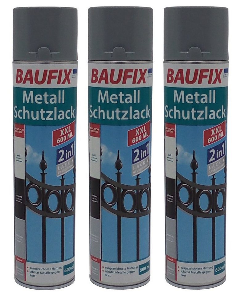 BURI Vollton- und Abtönfarbe 3x Baufix 2in1 Metall Schutzlack Spray 600 ml silbergrau glänzend Grun von BURI