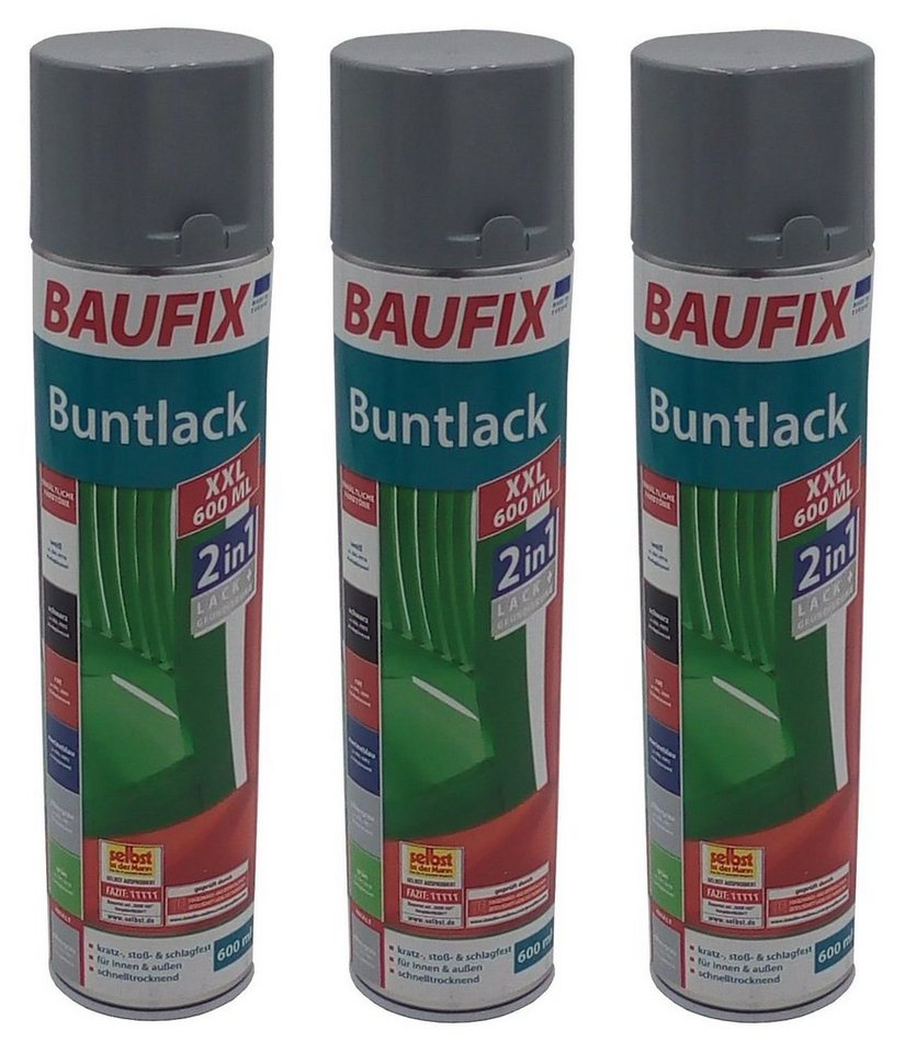 BURI Vollton- und Abtönfarbe 3x Baufix Alkydharz Lackspray XXL 600ml silbergrau glänzend Farbspray von BURI