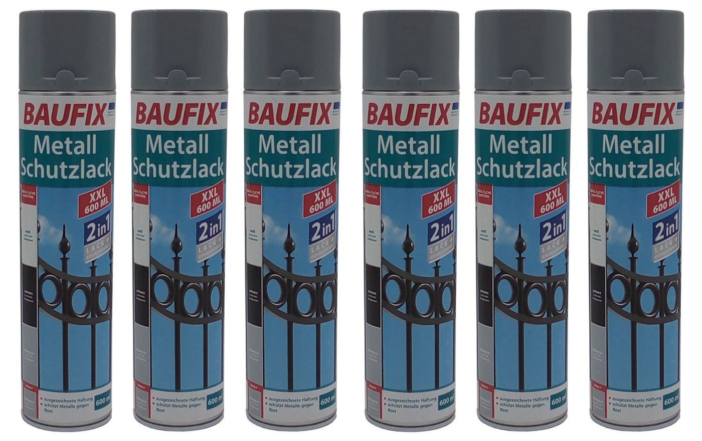 BURI Vollton- und Abtönfarbe 6x Baufix 2in1 Metall Schutzlack Spray 600 ml silbergrau glänzend von BURI