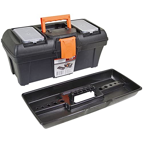 BURI Werkzeugkasten 40x19x20cm Werkzeugkiste leer Kunststoff Werkzeugbox Werkzeugkoffer leer Kleinteilebox Werkzeug schwarz orange mit Griff und Trageeinsatz von BURI