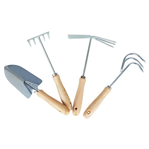 BURI kleine Gartengeräte Set Gartengeräte-Set 4tlg. Blumenkelle Grubber Rechen Doppelhacke Schaufel Harke Hacke kleine Gartenwerkzeuge Set Gartenarbeit Garten Werkzeug aus Metall mit Holzgriff von BURI