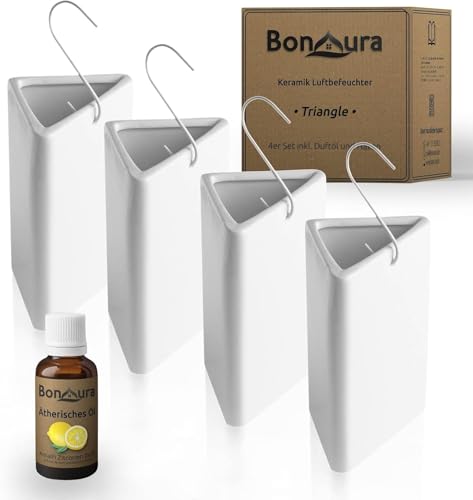 Luftbefeuchter Heizung Keramik Dreieckig I Haken & Duftöl [4er Spar-Set, 200ml] I Wasserverdunster für Heizkörper mit Duft I Verdunster & Befeuchter Wasser Behälter von BURI