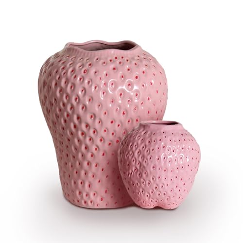 BURLOE Erdbeer Dekorative Keramik Vase, Modern Strawberry Vasen Für Blumen Vintage Erdbeervase Wohnzimmer Küche Garten Büro Vase Deko Rot Decor,Rosa,L von BURLOE