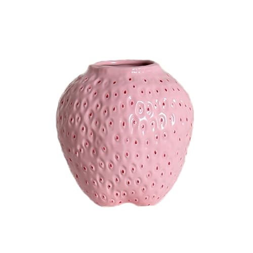 BURLOE Erdbeer Dekorative Keramik Vase, Modern Strawberry Vasen Für Blumen Vintage Erdbeervase Wohnzimmer Küche Garten Büro Vase Deko Rot Decor,Rosa,S von BURLOE