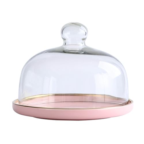 BURLOE Kuchenhaube Keramik Kuchenplatte Glas, Kuchenglocke Ständer Tortenständer Glashaube Lebensmittel Abdeckung Für Hochzeit Geburtstag Party,Rosa,Large von BURLOE