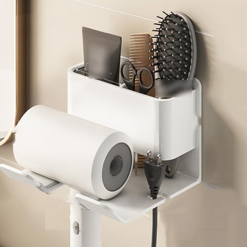 Haartrocknerhalter, Wand Montiert Ohne Bohren Aluminium Fönhalter Selbstklebend Mit Stauraum Und Kabelhalter Haarpflegeprodukt Kleines,Weiß von BURLOE