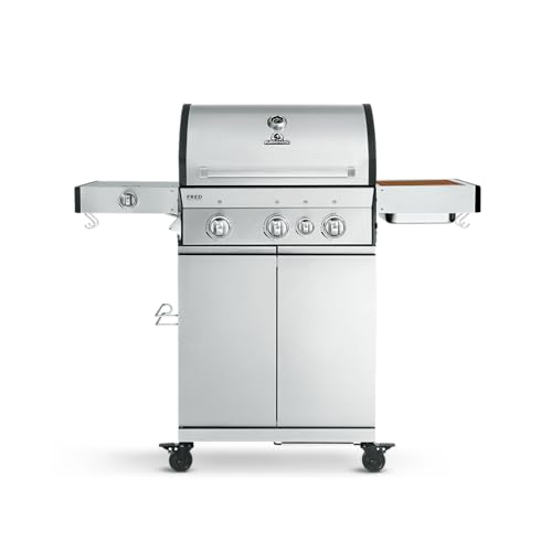 BURNHARD 3-Brenner Gasgrill FRED Deluxe Series 3 inkl. Backburner, 900°C Infrarot-Keramikbrenner, Seitenkochfeld, Gusseisen-Grillrost, Grillabdeckung, Edelstahl Grillwagen + klappbare Seitentische von BURNHARD